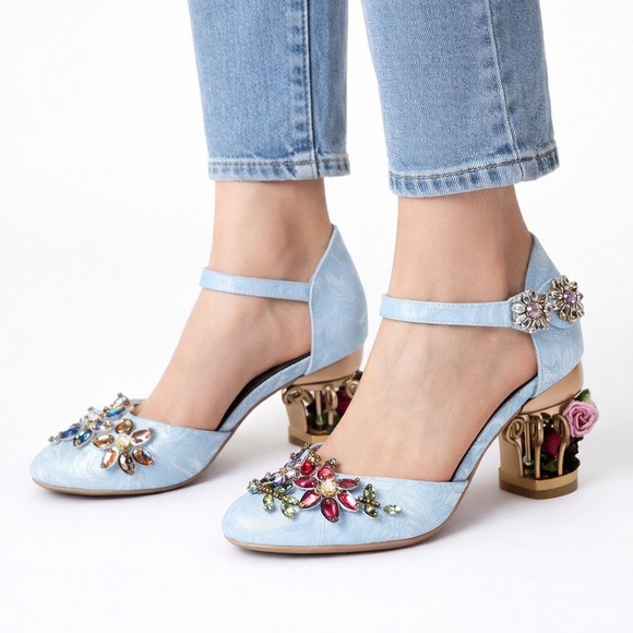 Hand Crafted Shoes - Handmade Blue Brocade Crystal Cage Shoes